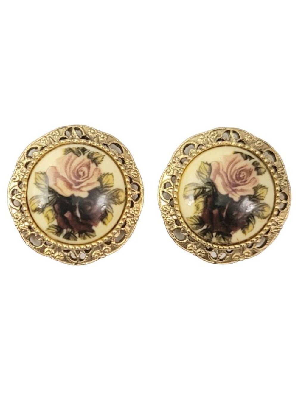 1928 Jewelry Co. Gold Tone Pink Roses Painted Clip On Earrings